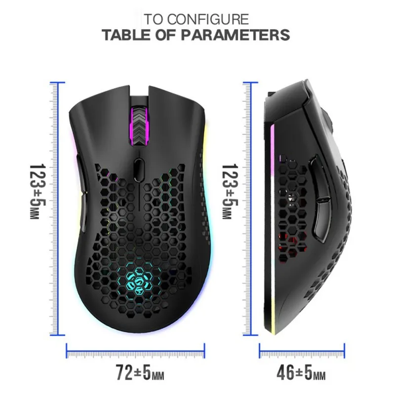 

Gaming Mouse 2.4GHz Wireless Mouse USB Rechargeable 1600DPI Adjustable Mouse Hollow Out Honeycomb RGB Optical For PUBG