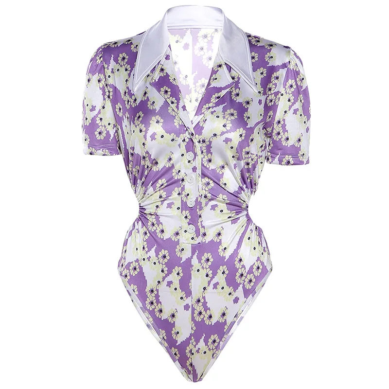 

Women Sexy Turn Down Collar Floral Print Hollow Out Skinny Short Sleeve Blouse Bodycon Jumpsuit Casual Harajuku Streetwear Chic