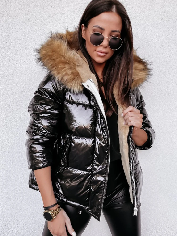 

Женская флисовая парка с капюшоном, повседневная куртка большого размера на молнии, стеганое пальто с искусственным мехом, верхняя одежда д...