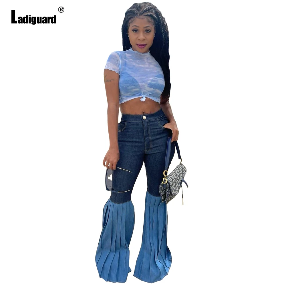 High Cut Women's Spliced Fashion Jeans Denim Pants African Style Ruched Flare Trouser Vintage Jean Pants Vaqueros Mujer 2021