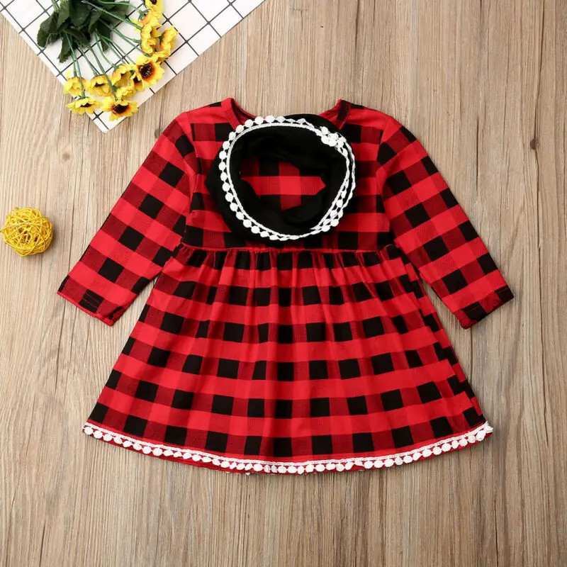 Xmas Dress Long Sleeve Plaids Kids Toddler Baby Girl Christmas Red Party Tutu Outfits + Scarf | Детская одежда и обувь