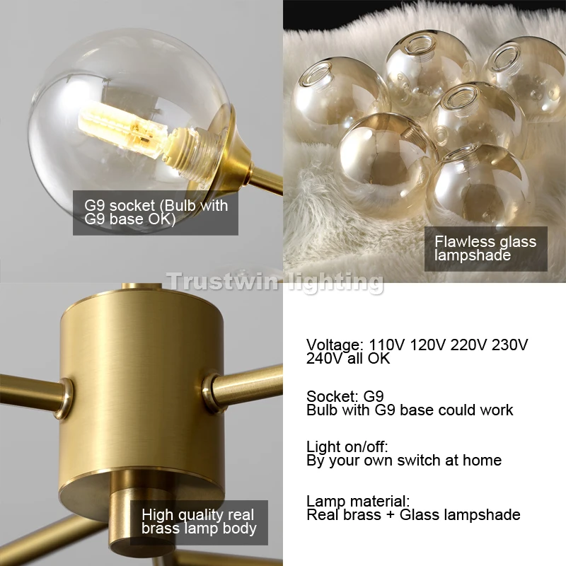 

Modern MODO coppper pendant light LED 6 9 12 15 heads arms golden brass pendant lamp foyer glass ball hanging LED pendant light