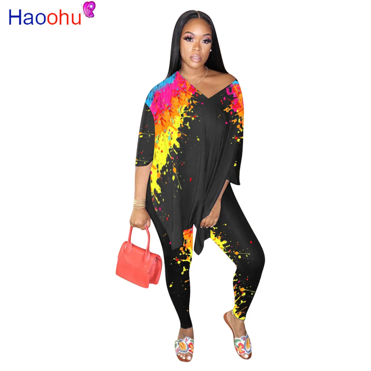 

HAOOHU Women Gradient Print Two Piece Set V-neck Split Long T-shirt Pants Jogger Sweatpants Suit Tracksuit Matching Set Outfits