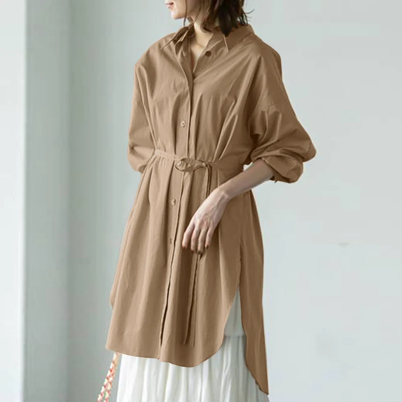 

Fashion Asymmetrical Blouse ZANZEA Women Shirt Spring Long Sleeve Casual Lapel Neck Solid Split Long Tops Loose Work Blusas 2022