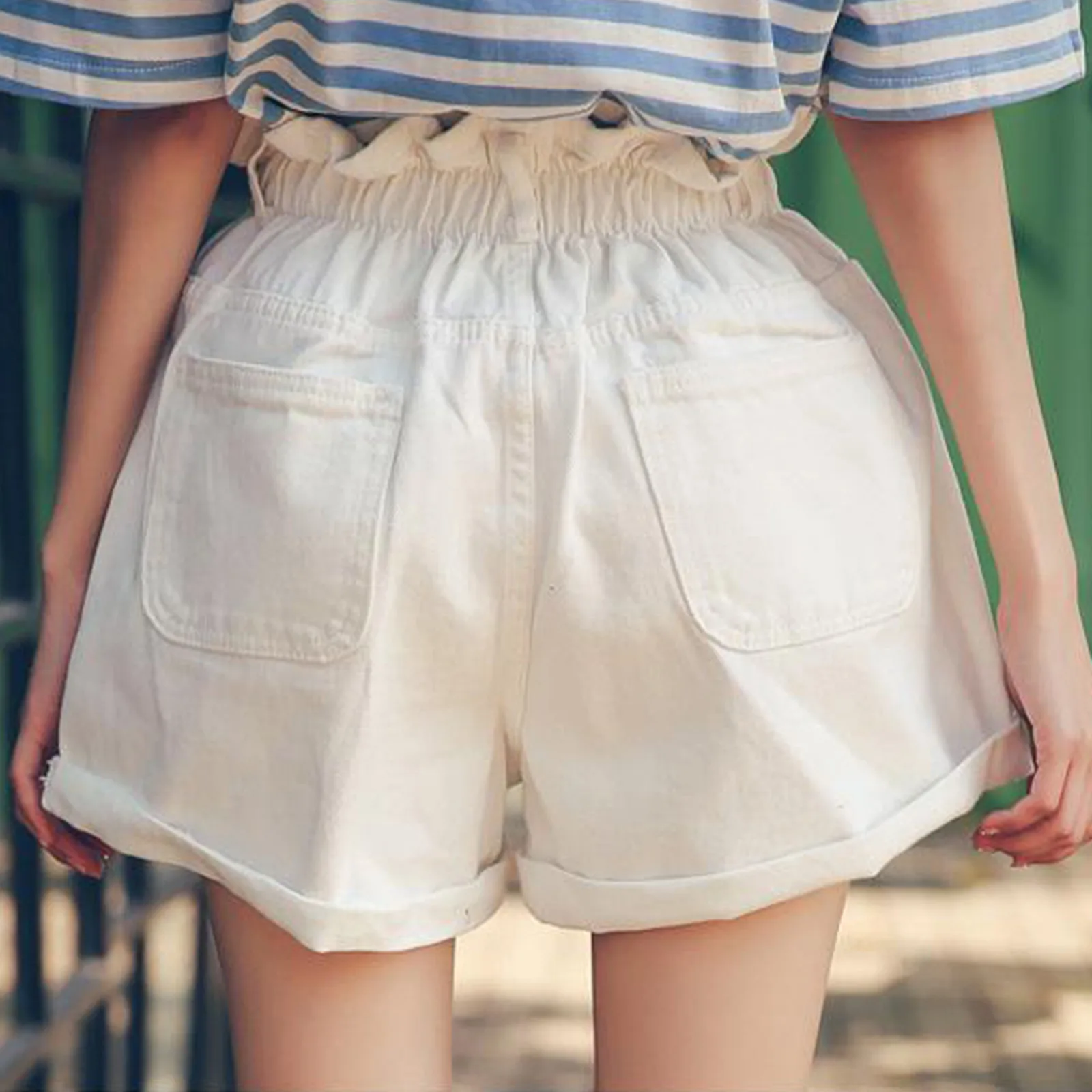 

Jeans Woman High Waist Bud Elastic Waist Wide Legging Solid Jeans Shorts Pants