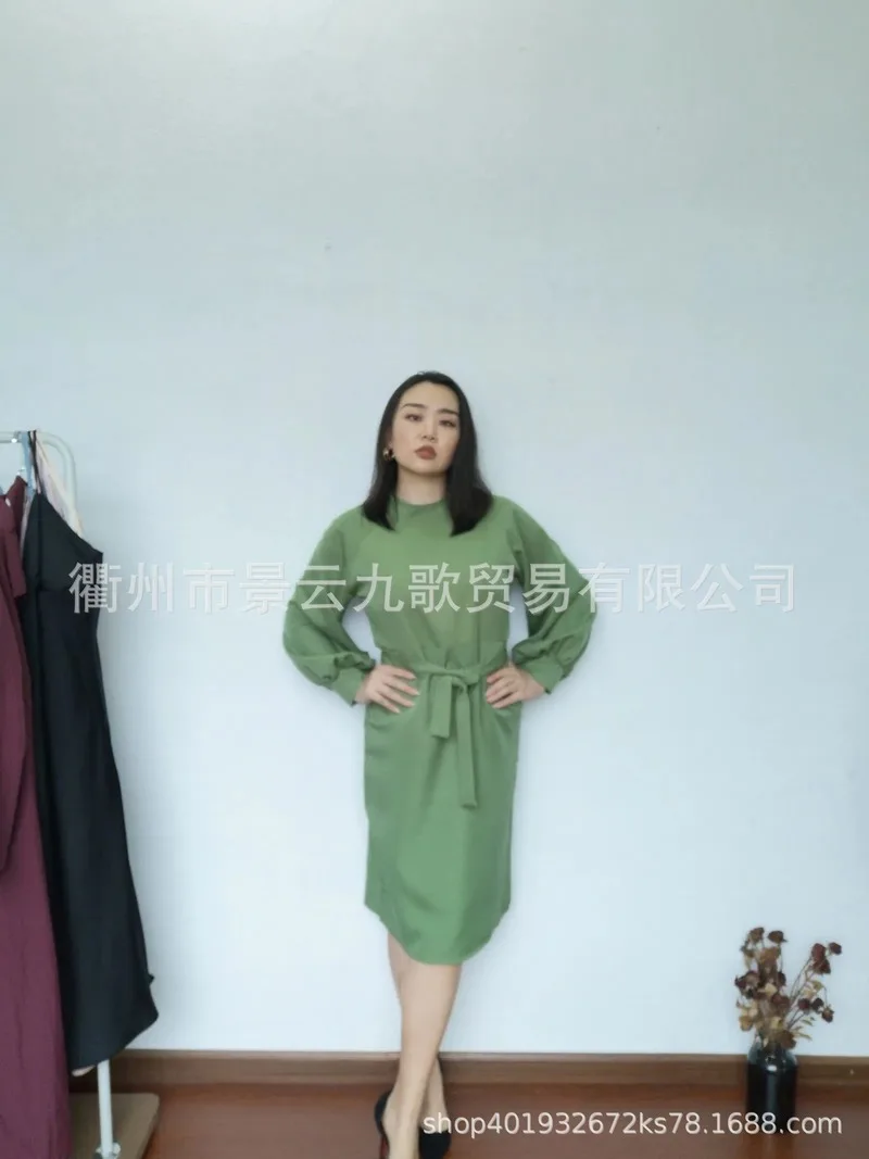 

2020 Spring And Summer Long Sleeve Solid Color Round Neck Sashes Pencil Bodycon OL Knee-Length Dress For Women