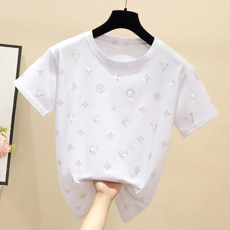 

Cotton inlaid diamond short sleeve T-shirt women's clothing Korean ins foreign style student half sleeve T-shirt summer loose