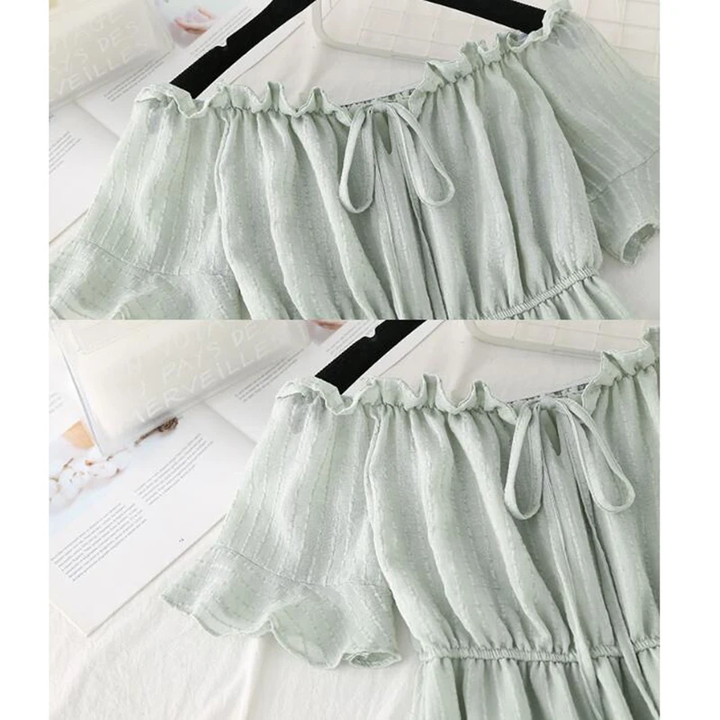 

Women Summer Dress Slash Neck Off Shouder Solid Cotton linen Dresses 2020 High Waist A-line Ruffles Midi Dress Robe Femme