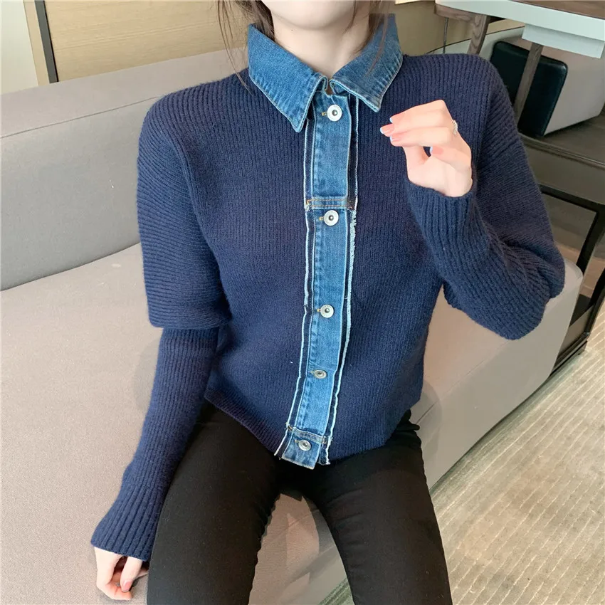 2021 New Autumn Winter Korean Fashion Denim Patchwork Cardigan Women Puff Sleeve Designer Brand Cardigans Mujer Coat Pull Femme |