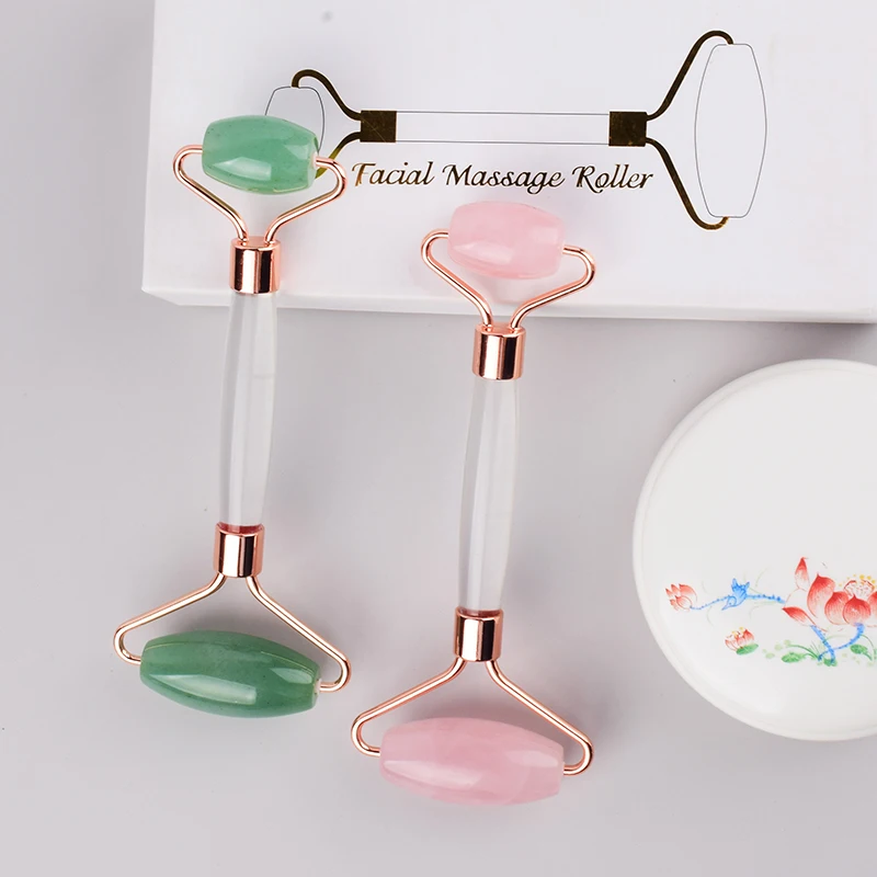 Роллер для ухода за лицом с розовым кварцем и кристаллами, массажный инструмент для похудения, натуральный авантюрин, нефрит, массажер для здоровья шеи, ручка из PMMP