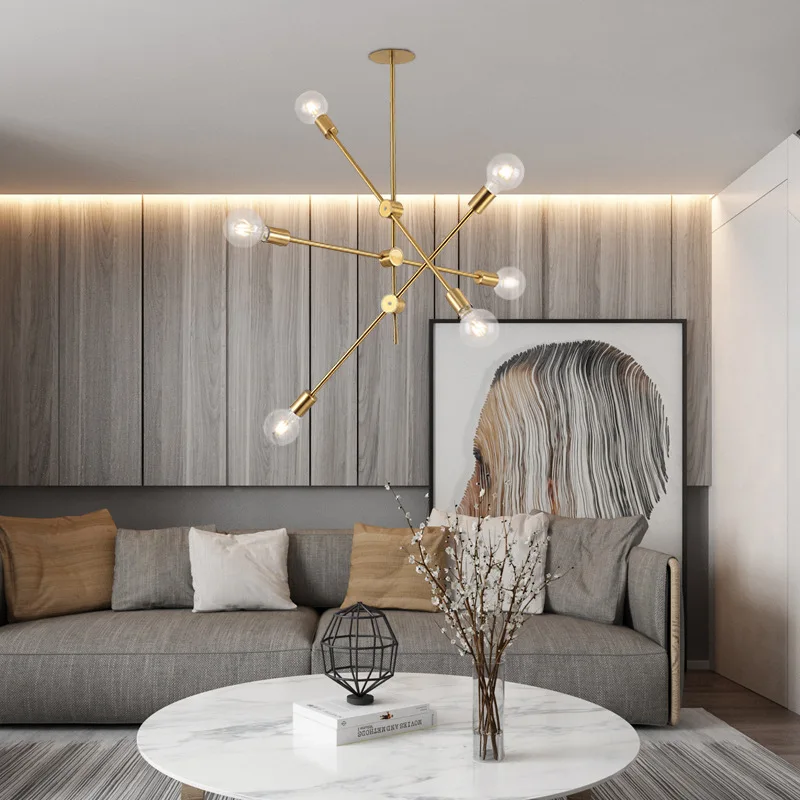 

Brushed Brass Sputnik Chandelier Lighting Fixtures Home LED Modern Metal Ceiling Lamps Nordic Postmodern Hanging Lamp Lustre