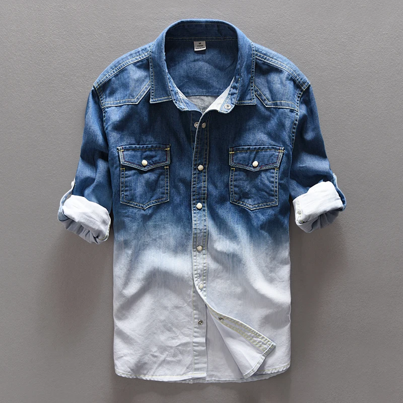 

Spring jeans shirt men brand casual denim shirt men cotton long shirts mens Autumn gradient shirts male overhemd chemise