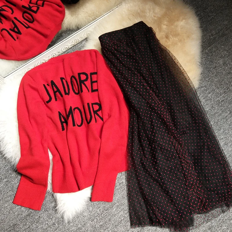 

Женский сетчатый костюм с юбкой в горошек, новый свитер с надписью «same micro red», осень