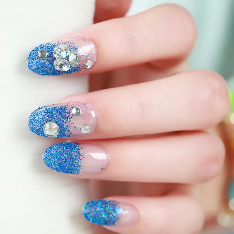 

Blue 3D Rhinestone Fashion False Nails Full Cover Bride Beauty Nail Art Tips with Glue Bright Shining Blue Color Fake Nail