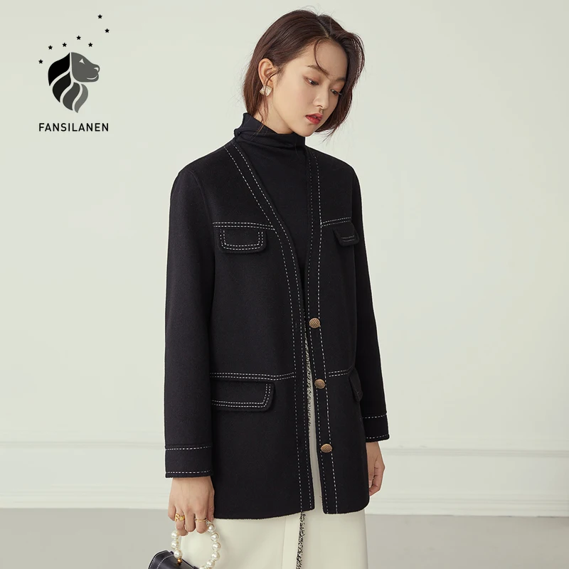 

FANSILANEN Wool blend elegant two piece set Women dress suit a-line skirt and top set Autumn winter office vintage coat outfits