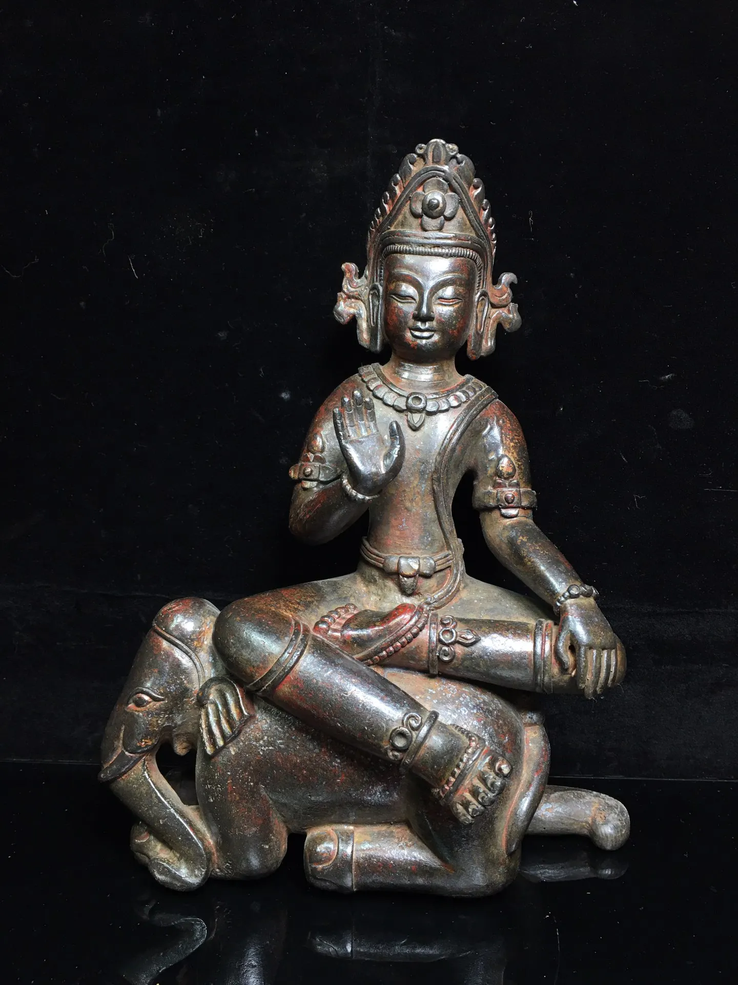 

10" Tibet Buddhism Old Bronze Cinnabars Samantabhadra Buddha statue Guanyin riding a white elephant Avalokitesvara statue