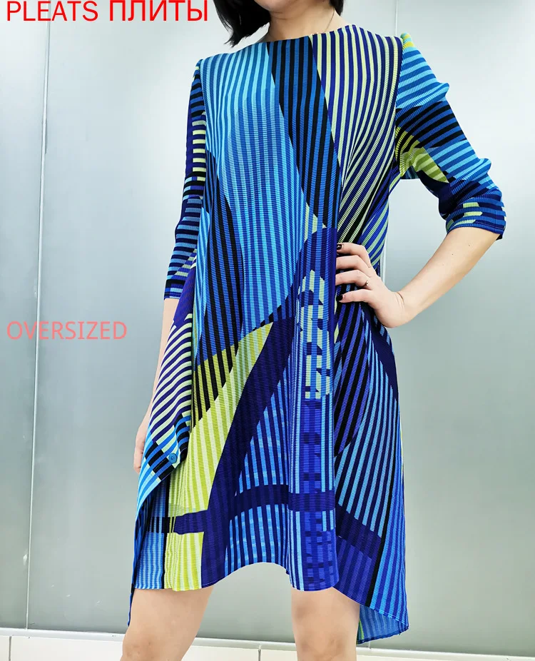 

Miyake Pleated Digital Printing New Round Neck Middle Sleeve Button Large Size Irregular Mid-length Dress Pleats Vestido