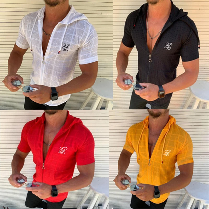 

2021 Summer New Popular Men's Fashion Casual Slim Thin Short Sleeve T-Shirt Sik Silk Printing Hooded Zipper Cardigan Sports Tees