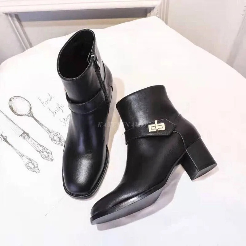 

High Heels Ankle Boots Women Real Cow Leather Metal Decor Luxury Brand Fashion Autumn Round Toe Runaway Ladies Black Boot Shoes
