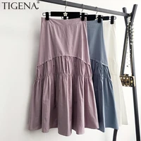 tigena cotton pleated skirt women fashion 2021 summer casual solid a line high waist midi long skirt female black white purple
