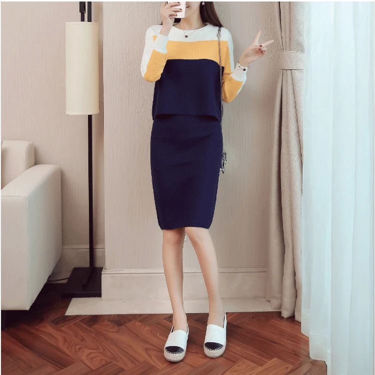 Модные женские вязаные топы + юбки Костюмы комплект из двух предметов 2018 новый