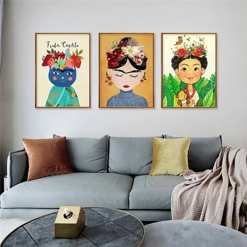 Цветная декоративная картина с мультяшным портретом девушки милый кот цветок