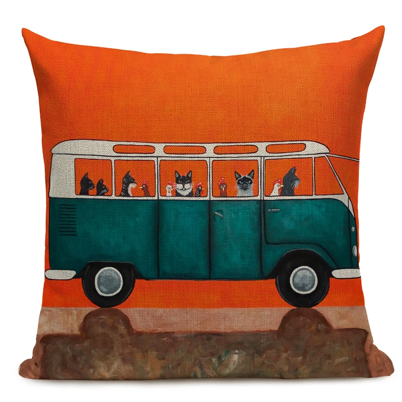 Hot Sale Pillow Lovely Cartoon Dog Cat Color Driving Car Vintage Almofadas 45X45CM Linen Pillow Decorative Linen Cushion Cover
