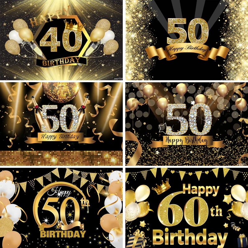 

InMemory Black Gold Glitter Balloons Adult Backdrop Man Woman Happy 30th 40th 50th 60th Birthday Party Photography Background