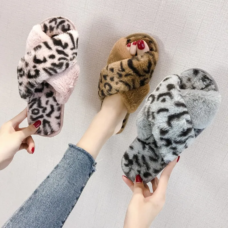 Winter house slippers for women with faux fur fashion coat shoes sliding on flats Leopard plus size 41 | Обувь
