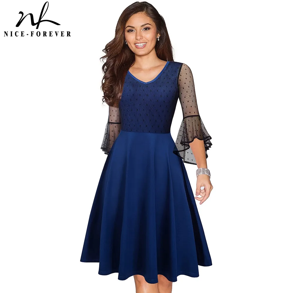 

Женское кружевное платье Nice-forever, элеганвечерние ТРАПЕЦИЕВИДНОЕ ПЛАТЬЕ С Рукавом-годе в стиле ретро, A050, 2019