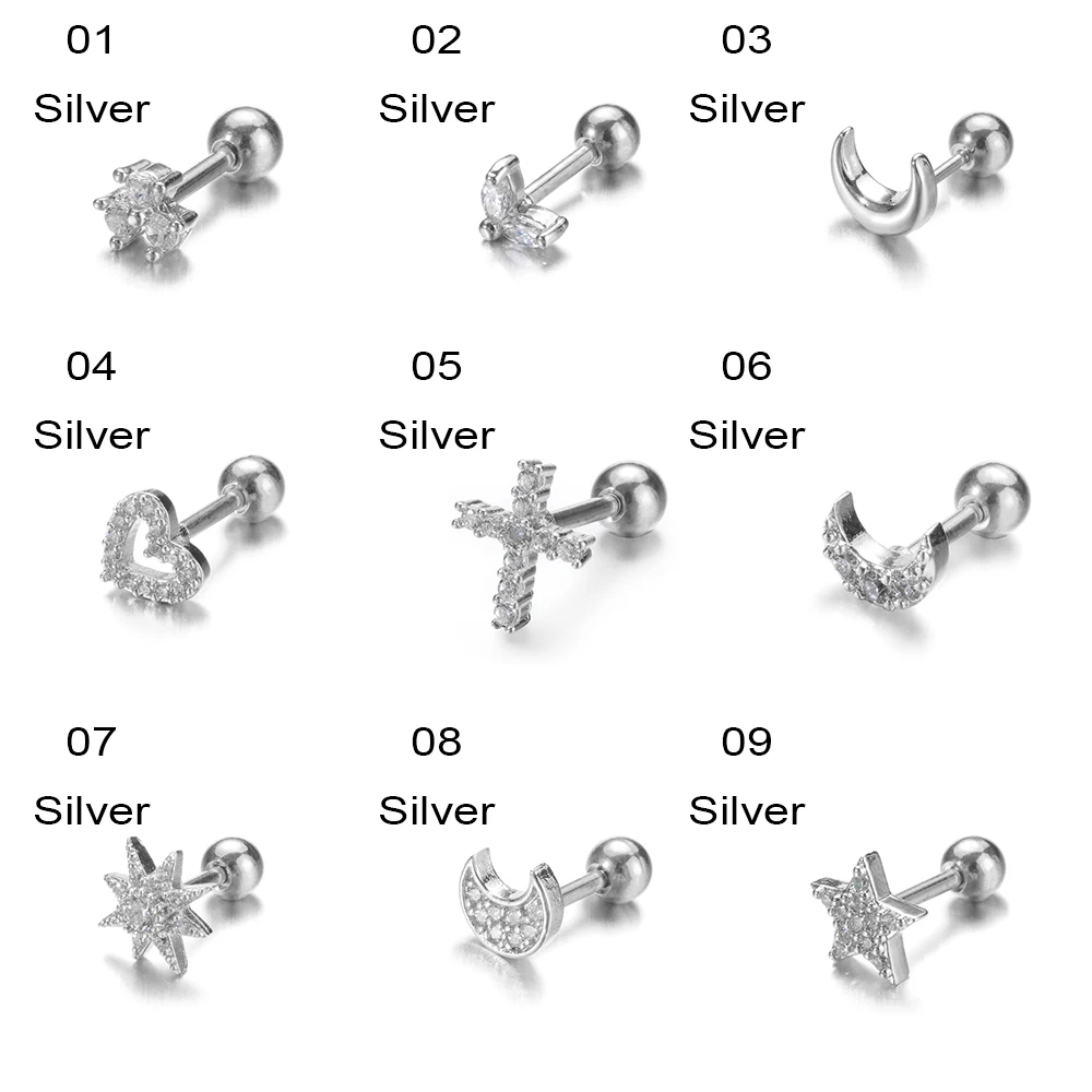 

CZ Stud Piercing Silver Gold Color Moon Star Cartilage Earring Tragus Stud Helix Cartilage Piercing Jewelry New Fashion