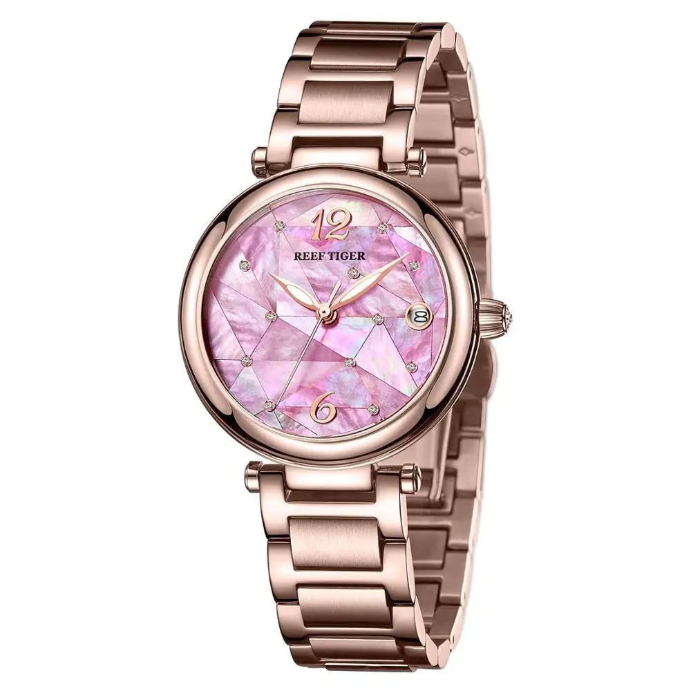 

Reef Tiger/RT New Design Luxury Stainless Steel Pink Dial Automatic Watches Women Rose Gold Steel Strip Watch RGA1584