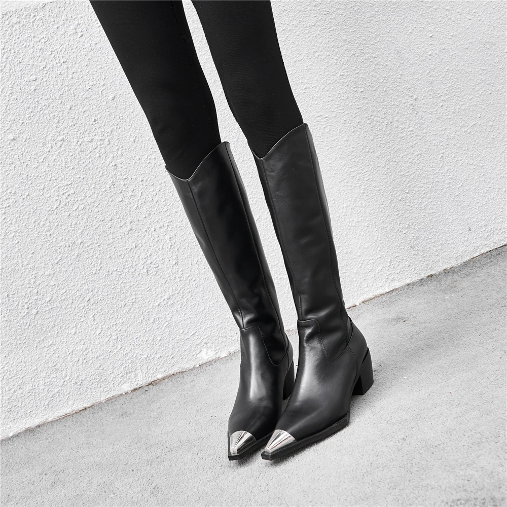 Buono Scarpe/Сапоги до колена с металлическим квадратным носком; фирменный дизайн из натуральной кожи; модная обувь на высоком каблуке; Botas Mujer; обувь на не сужающемся книзу массивном каблуке; Zapatos; Лидер продаж