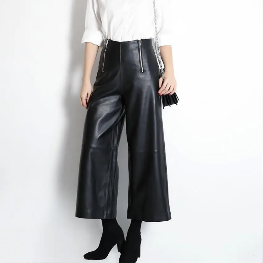 England style great quality real sheep leather ankle length pants Spring female High waist was thin wide leg leather Pants F1001