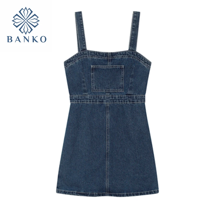 

Women Strap Short Dress 2021 Summer Chic All-match Blue Dress Streetwear Vintage High Waist Slim A-Line Denim Mini Dress Female