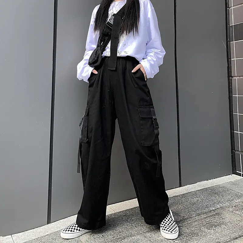 

Plus Size Long Pants Women Casual High Waist Cargo Pants Women Loose Solid Black Trousers Pockets Elastic Waist Bottoms