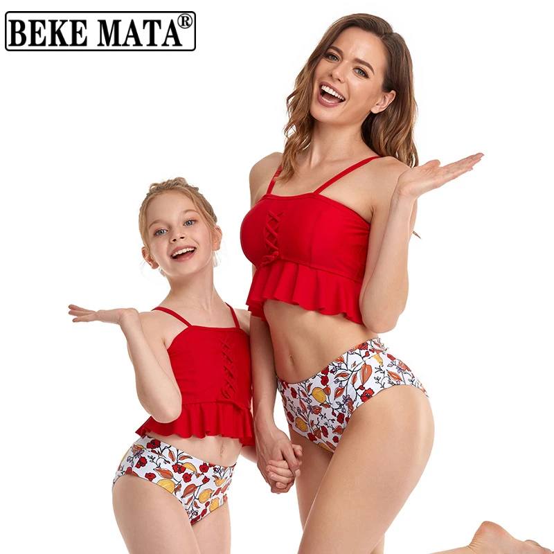 

Mother Daughter Swimwear 2021 Summer High Waist Family Swimsuit Mommy And Me Clothes Family Look Mom And Daughter Bikini Suit