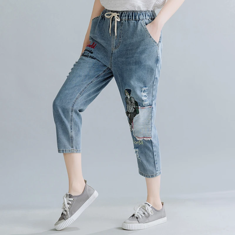 

2020 Embroidery Jeans Woman Plus Size Ripped Hole Elastic Waist Summer Calf-Length Trendy Korean Style Harem Pants jeans femme