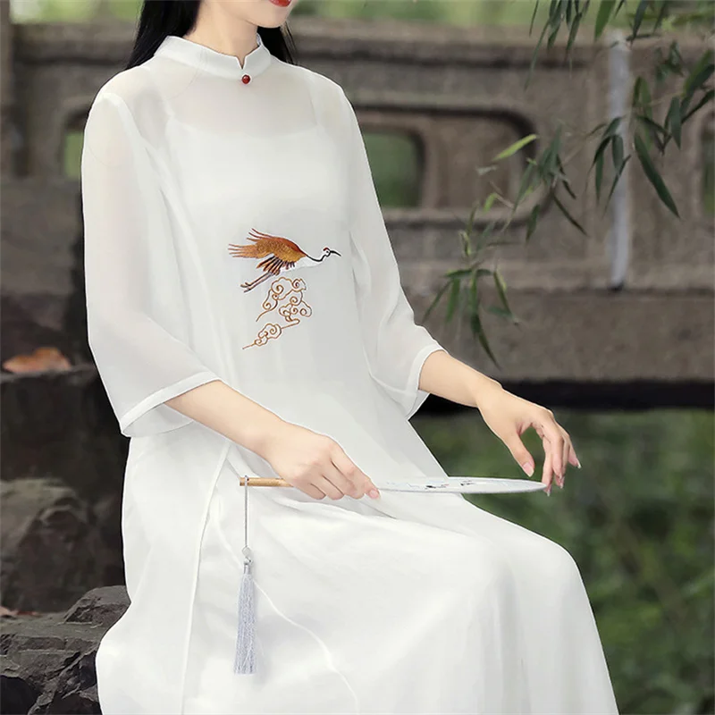 

Chinese Classical Cheongsam Women Dresses Autumu Thin Elegant Crane Embroidery Chiffon Fairy Hanfu Dress Soft Vintage Qipao