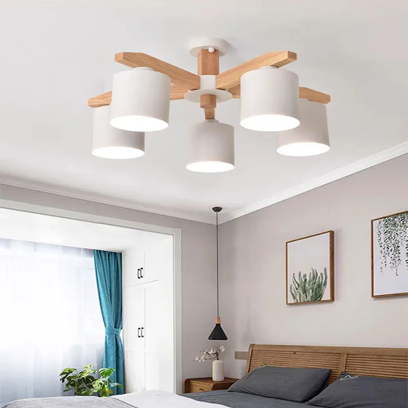 Candelabro LED de madera para dormitorio, lámpara de techo para salón, hotel y vestíbulo, moderno y simple