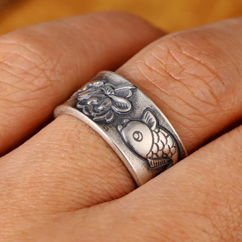 

S999 pure silver lotus carp Heart Sutra ring for men and women, retro Chinese carp opening adjustable ring