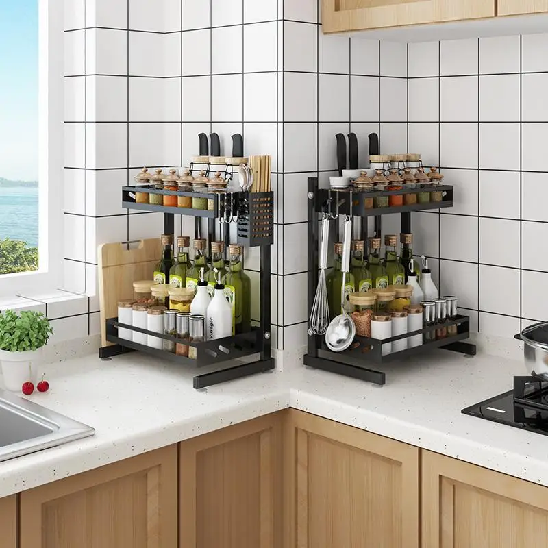 Кухонная полка из нержавеющей стали для приправ настольная черная многоярусная