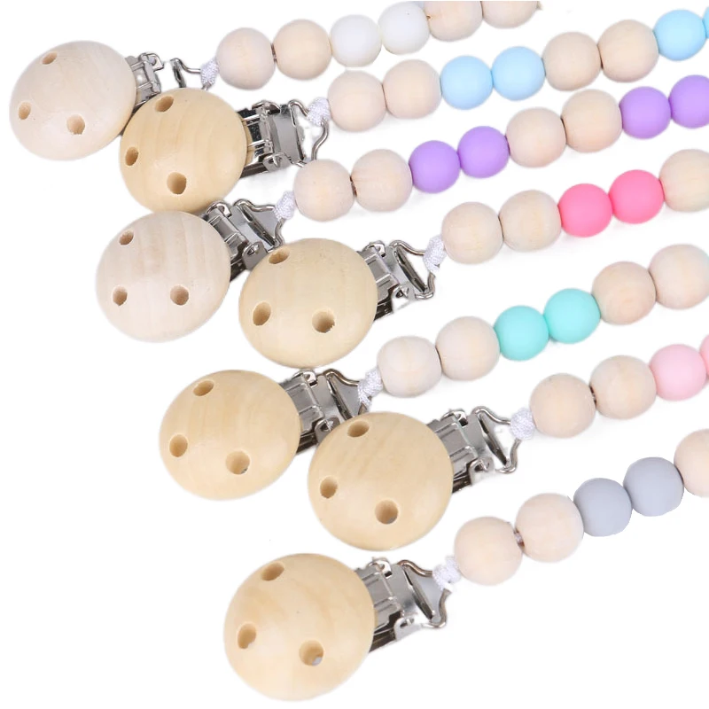 

Baby Pacifier Clips Silicone Beads Wooden Ring Pacifier Chain Infant Nipple Appease Soother Chain Clips Dummy Holder Nipple Clip