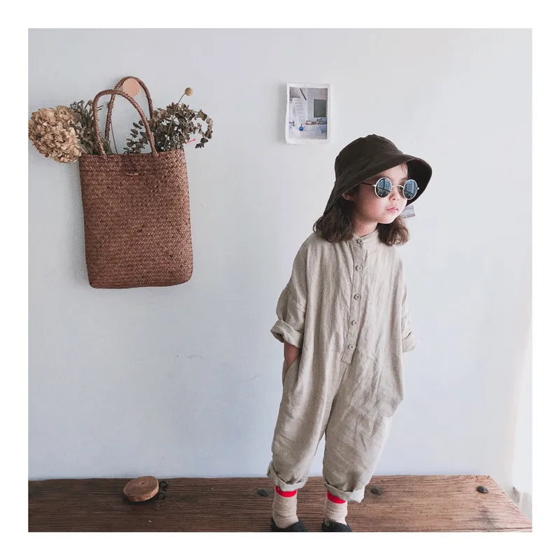 2022 Spring Autumn boys girls solid color linen long sleeve jumpsuits Korean style Toddler Kids soft loose bodysuits 1-7Y
