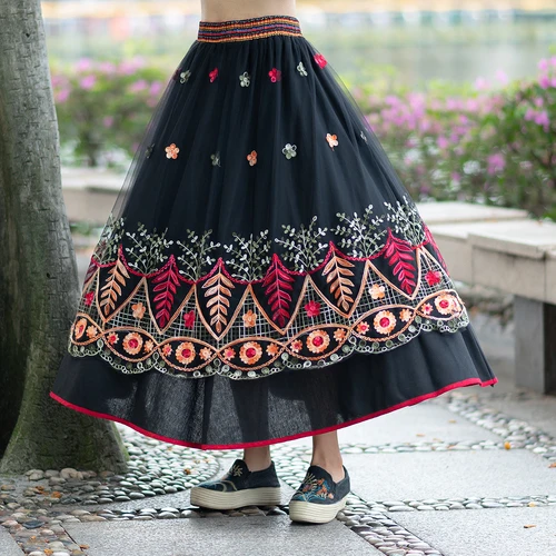 Женская сетчатая юбка с вышивкой Длинная черная до щиколотки высокой талией в