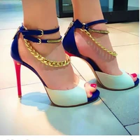 sexy gold chains mixed color high heel sandals female chains double ankle strap peep toe woman party patchwork high heels