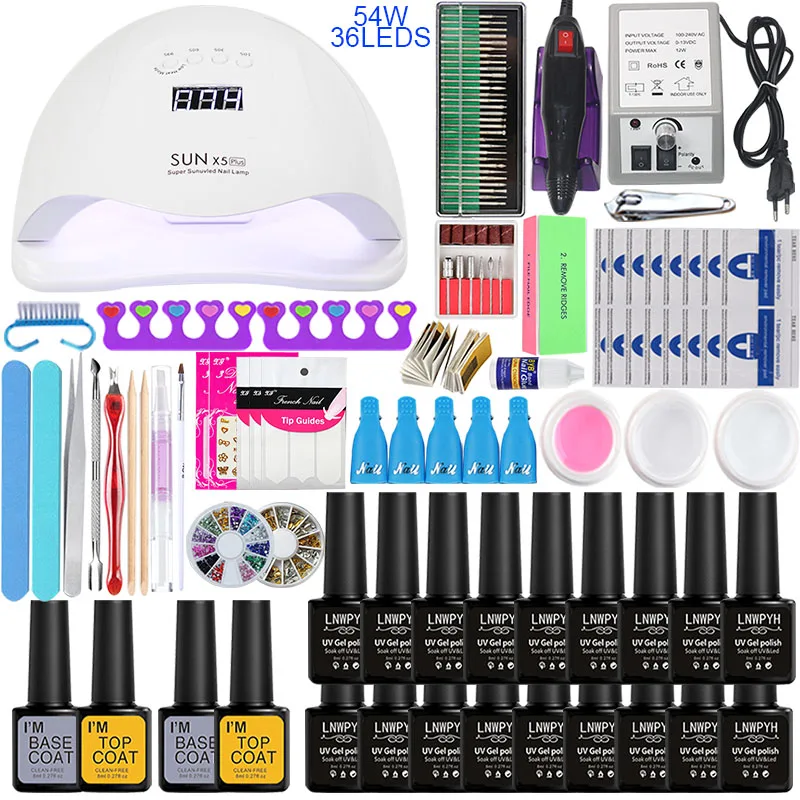 Набор для ногтей 18/12 Цветов гель комплект Soak 24 Вт/54 Вт УФ светодиодная лампа сушки