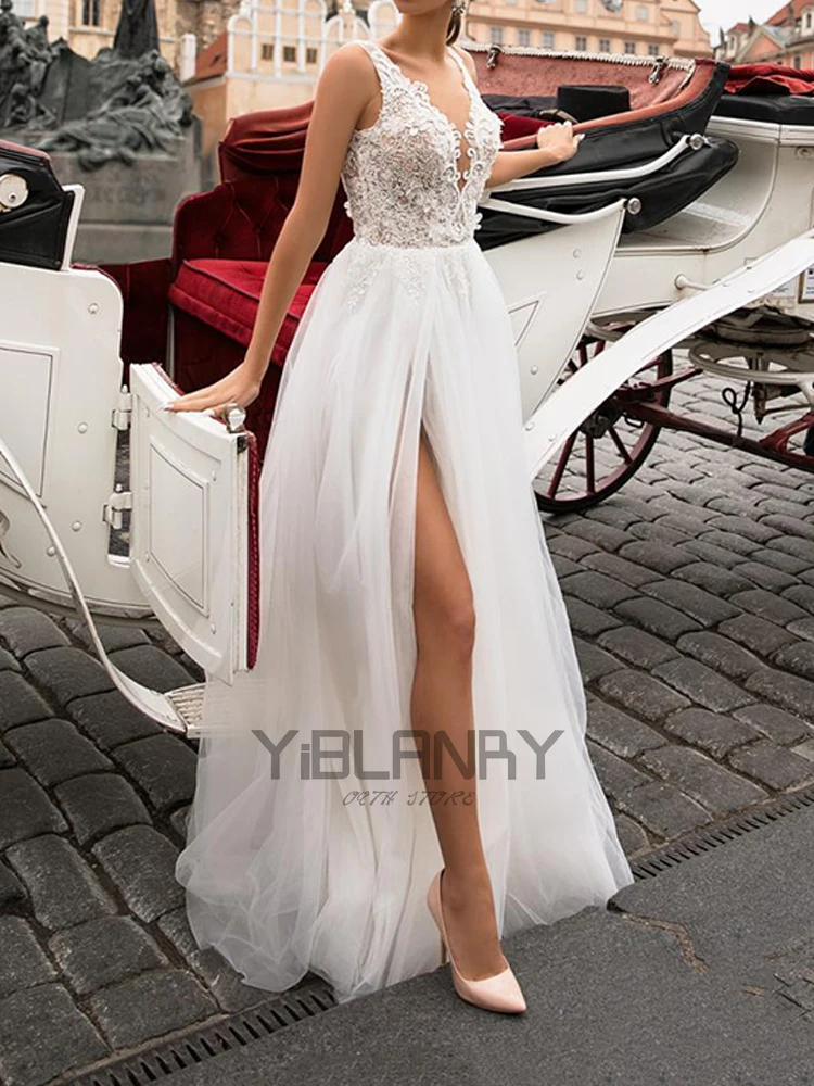 

YILIBER Lace wedding dress v-neck sleeveless simple atmosphere exquisite lace pattern backless big skirt
