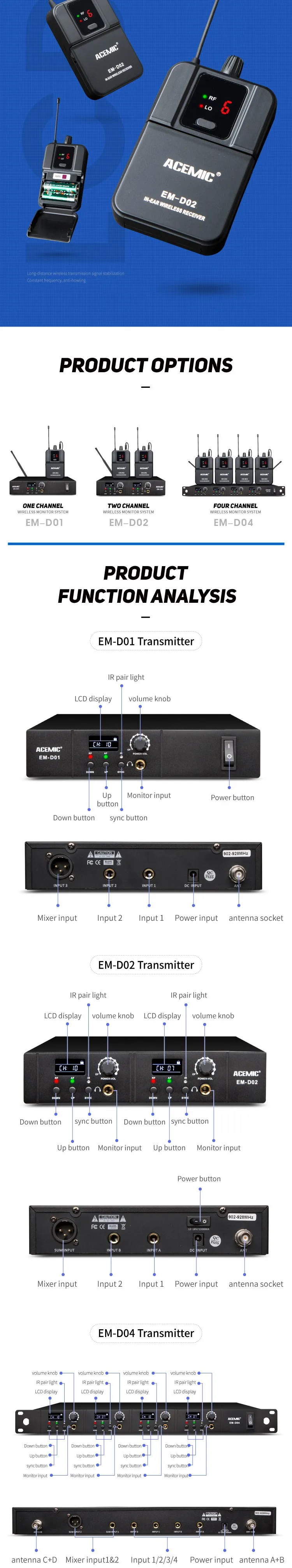 Релиз, Acemic EM-D04, первый четырехканальный беспроводной монитор в уши, система крепления, микрофон для сценического выступления, музыкальная группа