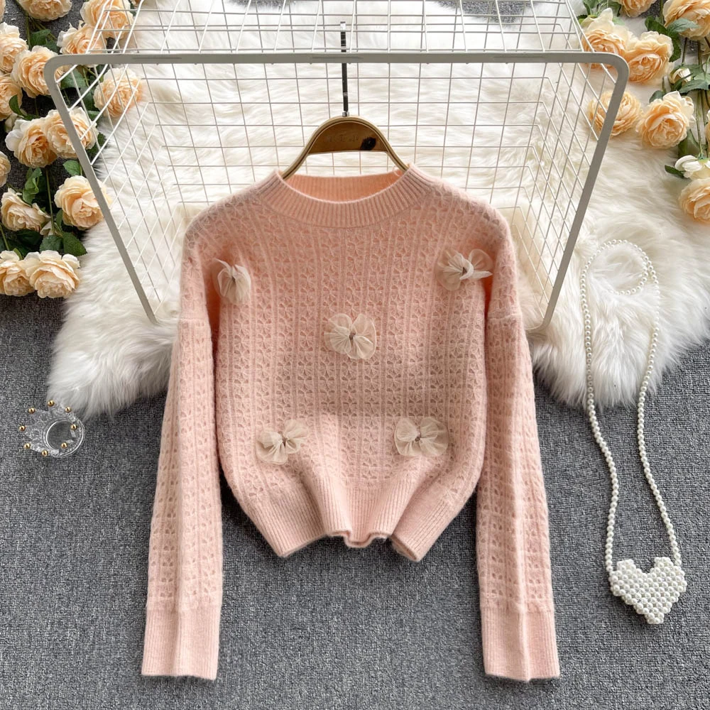 

C265 Vintage Sweater Women's New Fashion Autumn Round Neck Sweet Bow Loose Lazy Long Sleeve Knitted Pullover Tops